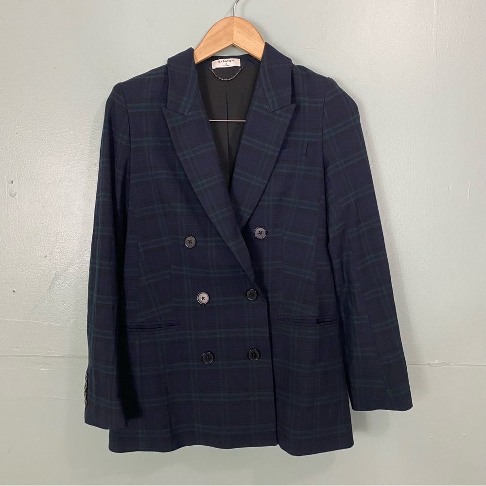 Aritzia Babaton Samuel Blazer Green & Navy Blue Size 0 Double Breasted Plaid